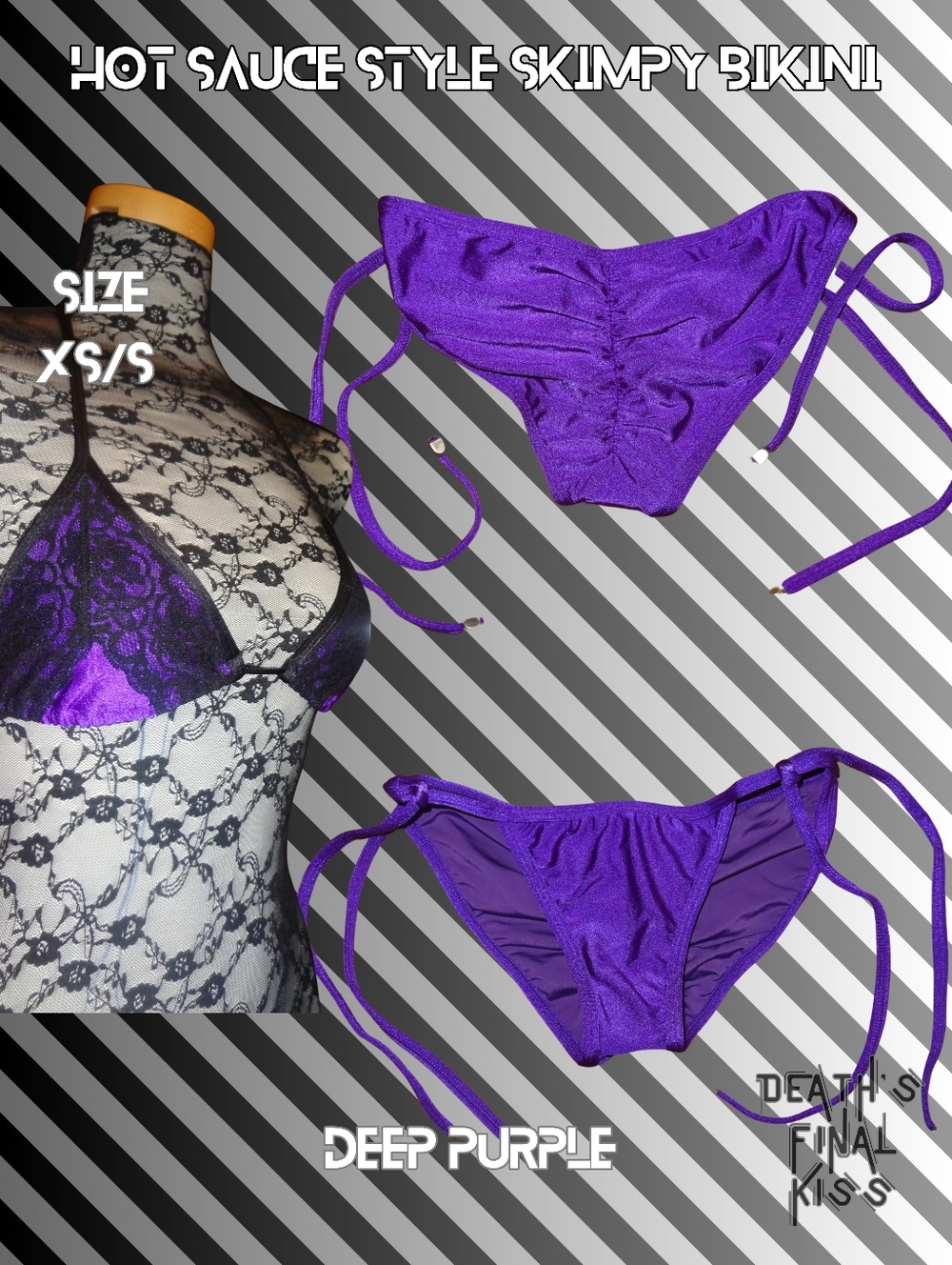 RARE Hot Sauce Style Deep Purple Black Lace Skimpy Ruched String Cheeky Bikini